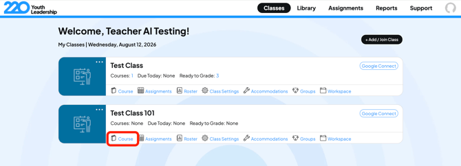 Click Course on your Class