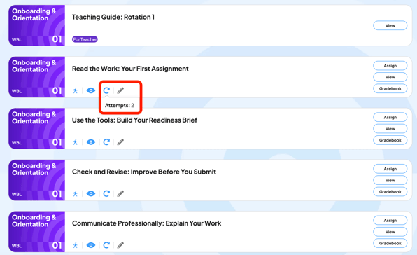 Hover over the circle arrow to see # of attempts