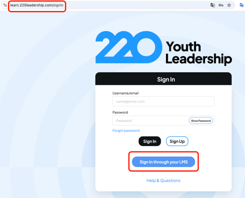 Login Screen for learn.220leadership.com