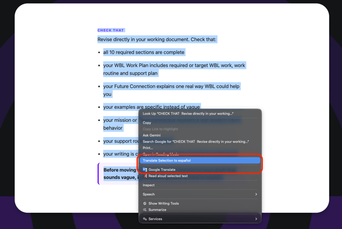 Right-click for Google Translate options