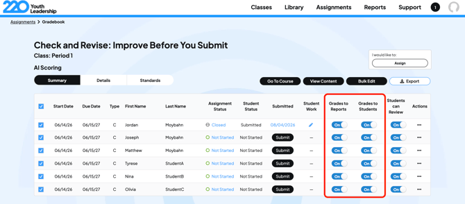 Turn off Grades to Reports and Grades to Students